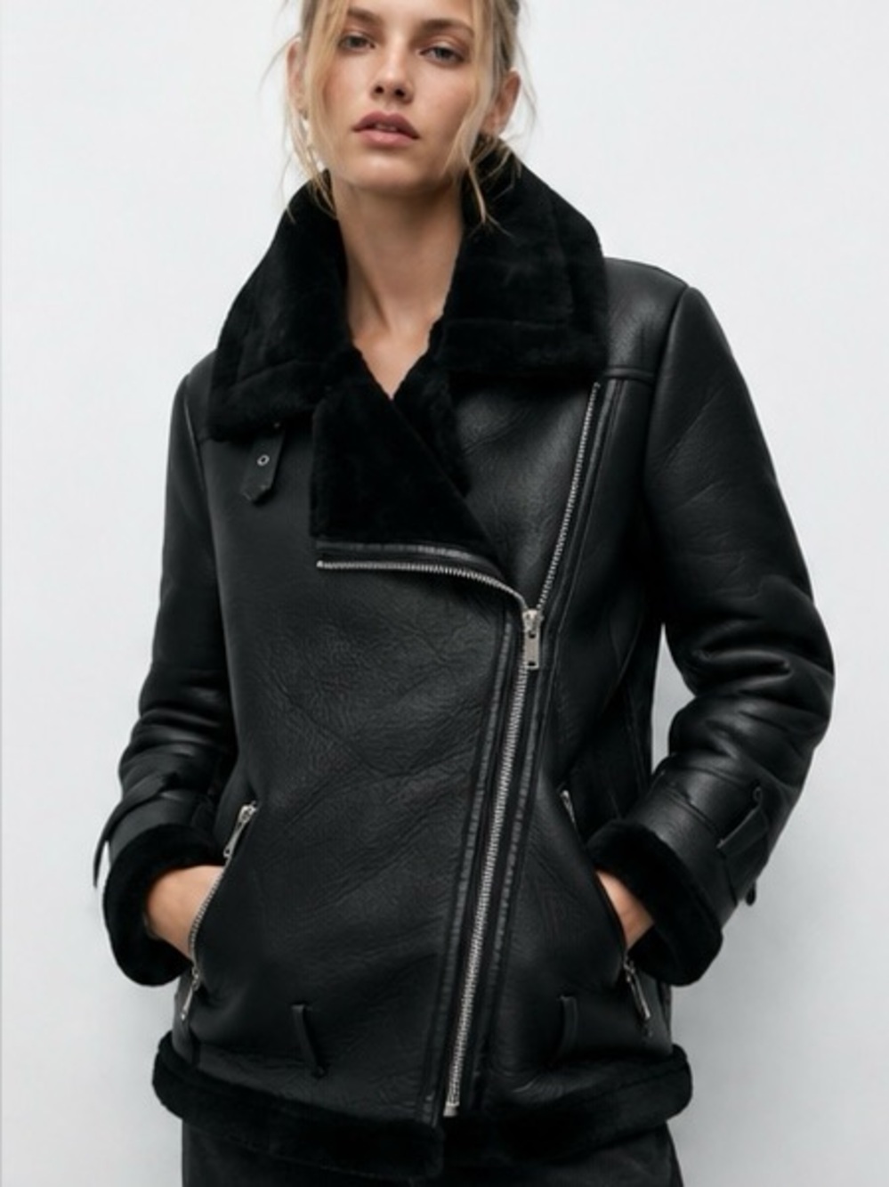 Zara Black Faux-Leather Shearling Moto Jacket